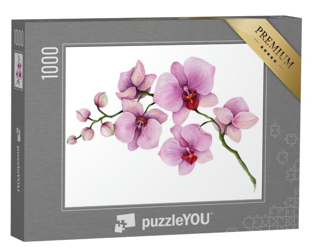 Puzzle 1000 Teile „Handgezeichnetes Aquarell: Ein Orchideenzweig auf weißem Hintergrund“