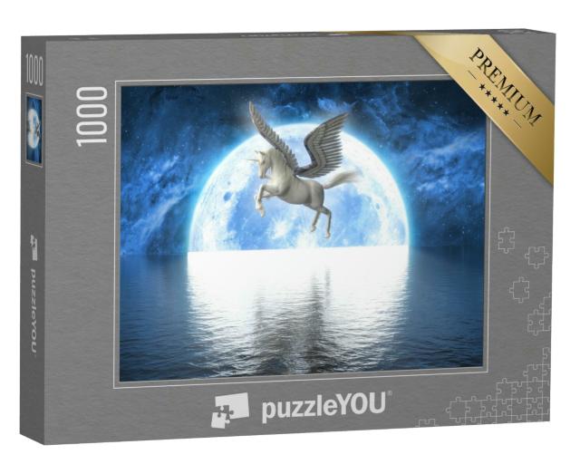 Puzzle 1000 Teile „Einhorn mit Flügeln vor dem Vollmond, 3D-Illustration“