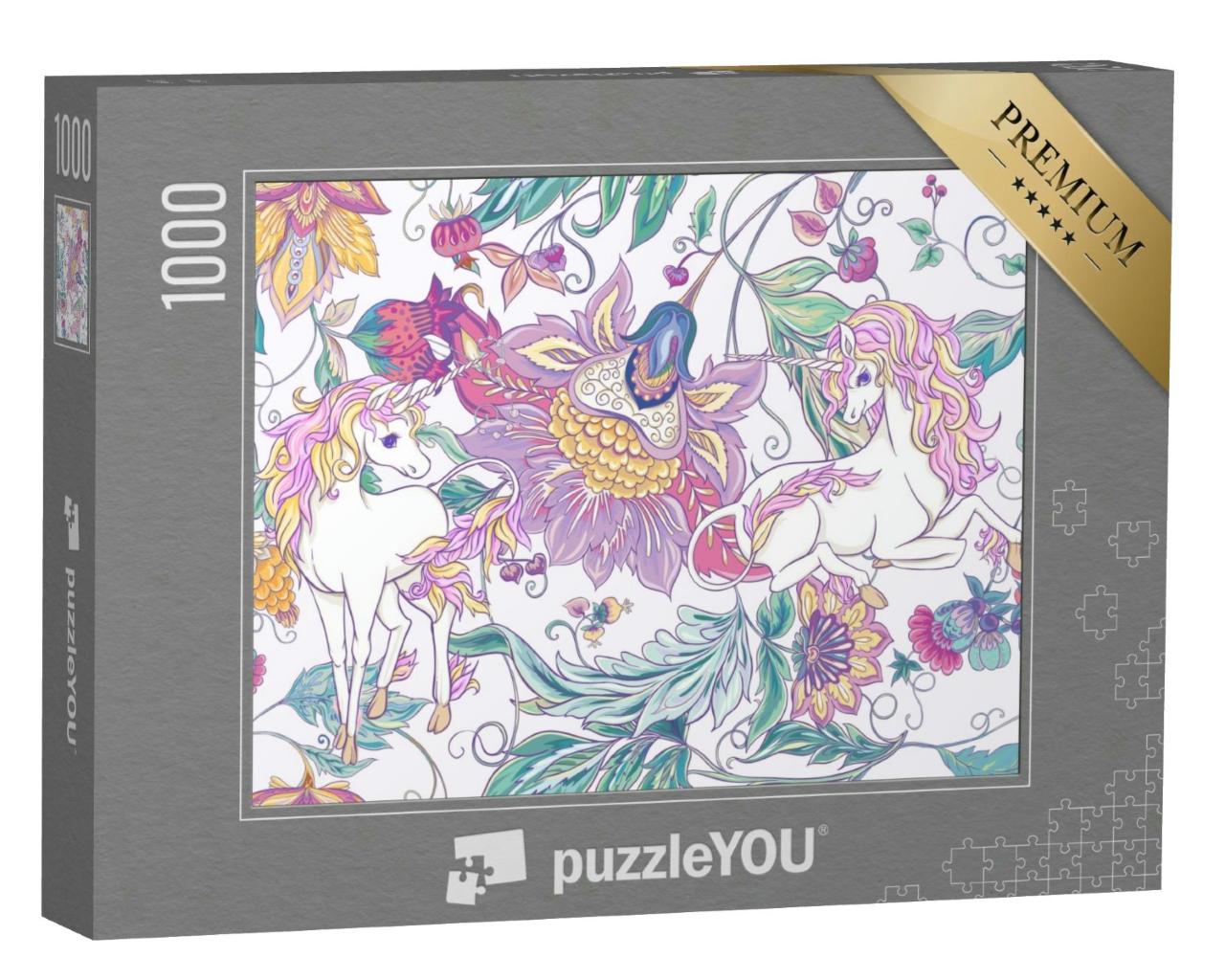 Puzzle 1000 Teile „Illustration: Einhörner und Blumen im Vintage-Style“