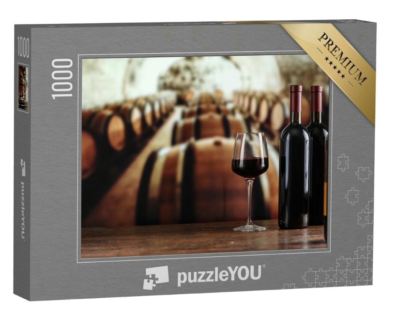 Puzzle 1000 Teile „Weinkeller mit Weinflasche und Gläsern, Weinfässer, Lagerung“