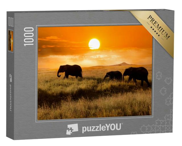 Puzzle 1000 Teile „Elefantenfamilie bei Sonnenuntergang, Nationalpark von Afrika“