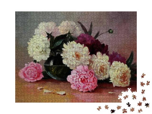 Puzzle 1000 Teile „Weiße und rosa Pfingstrosen in einer Glasvase, Ölgemälde auf Leinwand, Kunst“