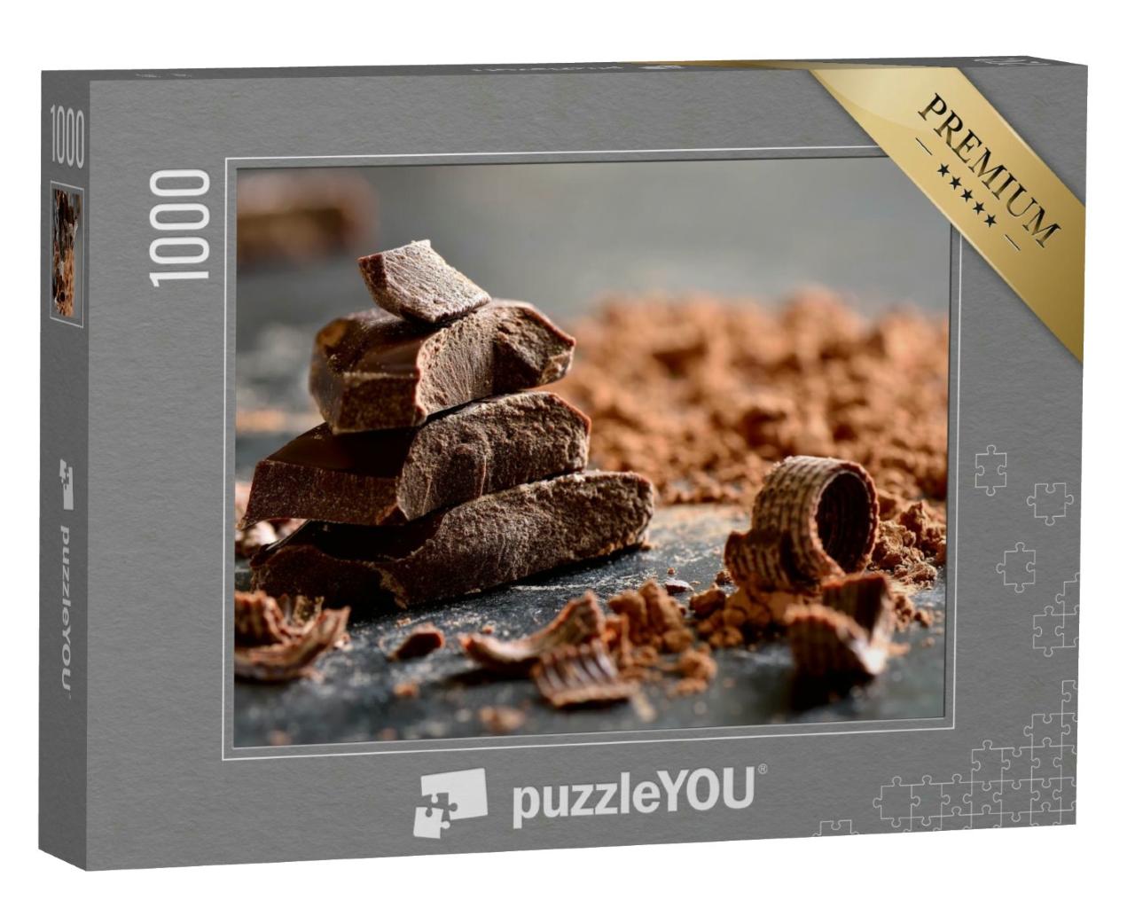 Puzzle 1000 Teile „Dunkle Schokolade in Stücken, umgeben von Kakaopulver“