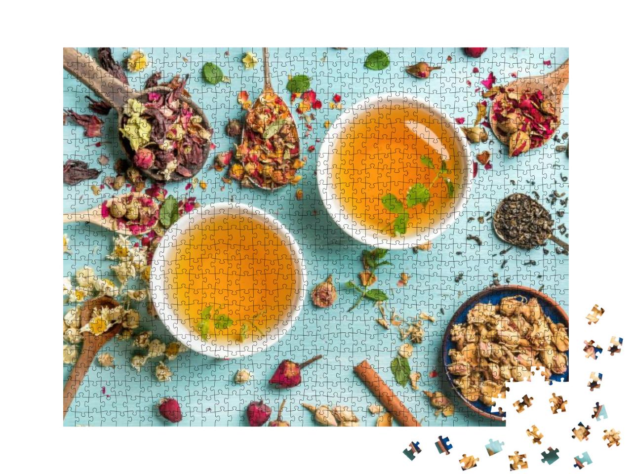 Puzzle 1000 Teile „Zwei Tassen frischer Tee aus getrockneten Kräutern“