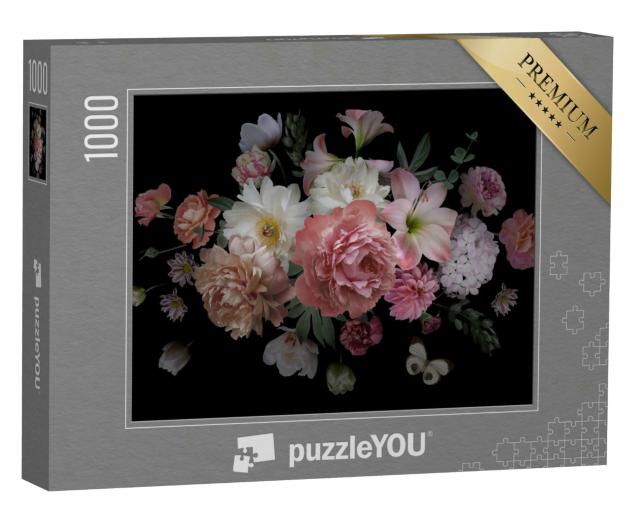 Puzzle 1000 Teile „Luxuriöser barocker Blumenstrauß, Pfingstrosen, Rosen, Tulpen“
