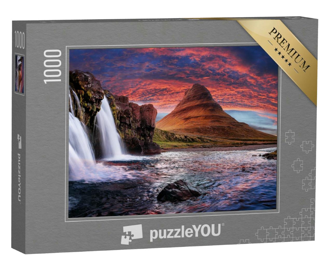 Puzzle 1000 Teile „Majestätischer Kirchenberg und Wasserfälle in Island“