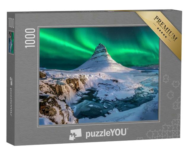 Puzzle 1000 Teile „Nordlichter erscheinen über dem Berg Kirkjufell in Island.“