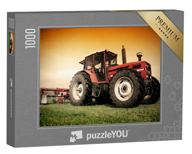Puzzle 1000 Teile „Alter roter Traktor auf der Wiese, Mäharbeiten“