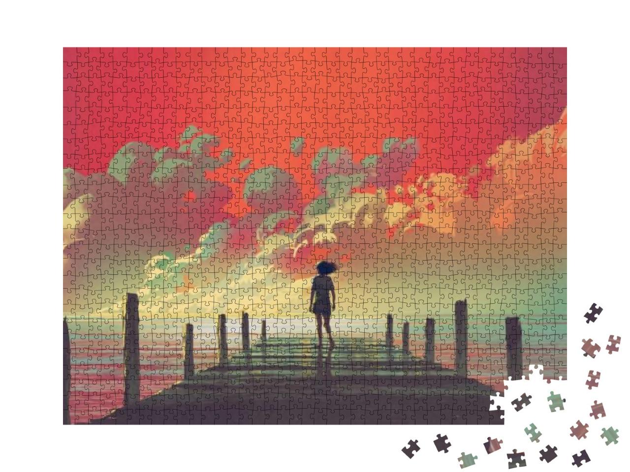 Puzzle 1000 Teile „Digitale Kunst: Frau auf einem hölzernen Pier mit Blick auf das Meer“