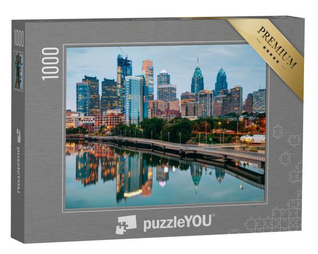 Puzzle 1000 Teile „Skyline von Philadelphia bei Nacht mit Fluss Schuylkill“
