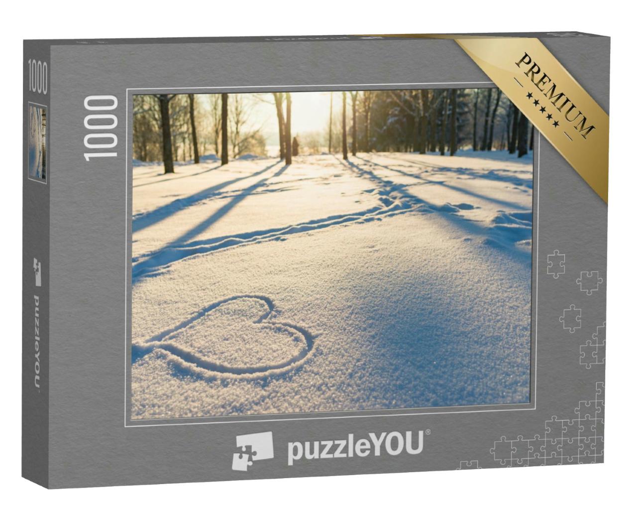 Puzzle 1000 Teile „Kleine Botschaft im Schnee: Ein Herz im Winterwald“