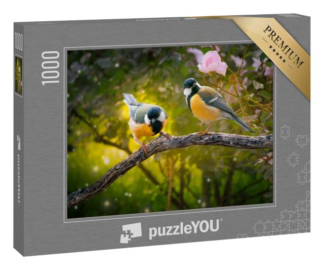 Puzzle 1000 Teile „Fantasy-Porträt: Zwei Kohlmeisen im Märchenwald“