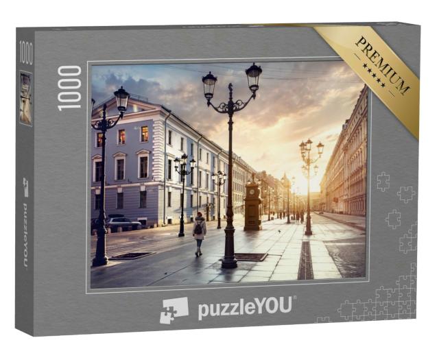 Puzzle 1000 Teile „Frau auf einer Straße mit Laternen, Sank. Petersburg, Russland“