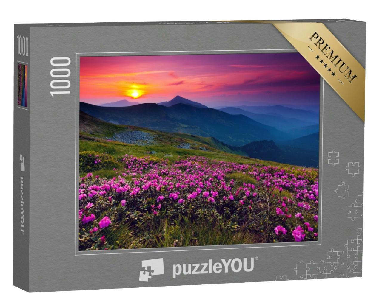Puzzle 1000 Teile „Magische rosa Rhododendronblüten im Sonnenaufgang über den Bergen“