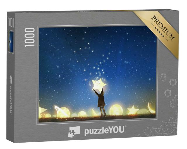 Puzzle 1000 Teile „Junge beim Aufhängen von Sternen und Planeten am Nachthimmel“