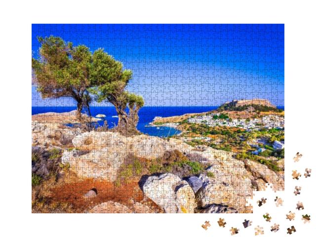 Puzzle 1000 Teile „Lindos, Dorf auf Rhodos mit Akropolis“