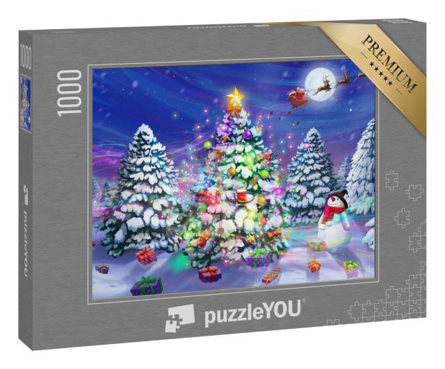Puzzle 1000 Teile „Illustration: Santas Schlitten über einem Weihnachtsbaum im verschneiten Wald“