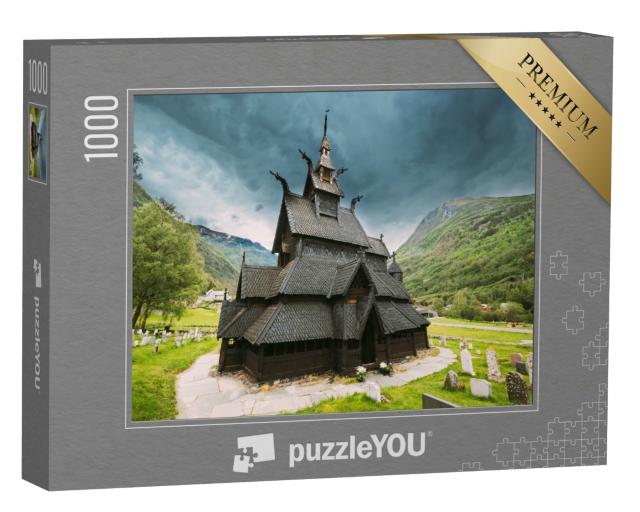 Puzzle 1000 Teile „Die berühmte Stavkirke, eine hölzerne dreischiffige Stabkirche, Borgund, Norwegen“