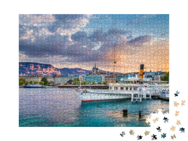 Puzzle 1000 Teile „Panoramablick auf das Stadtzentrum von Genf und den Genfer See, Schweiz“