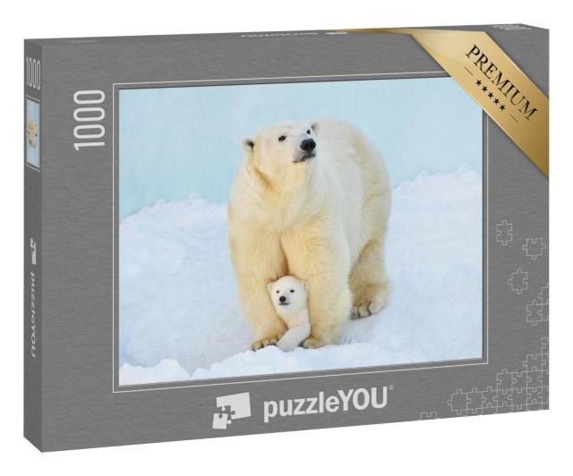 Puzzle 1000 Teile „Ein Eisbär mit einem kleinen Bärenjungen im Schnee“