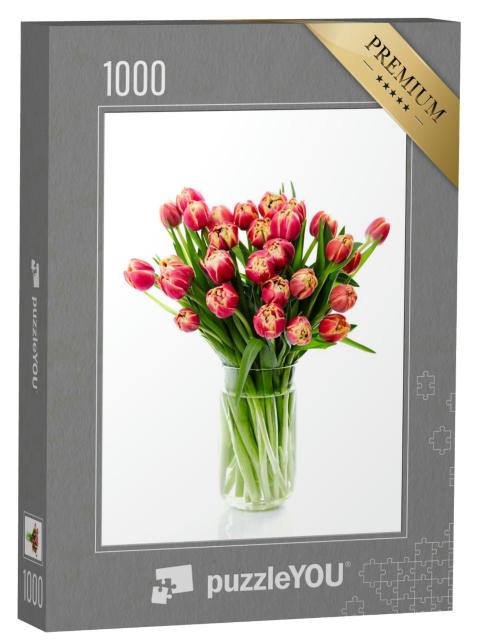 Puzzle 1000 Teile „Fotografie von roten Tulpen mit gelbem Rand in einer Glasvase“