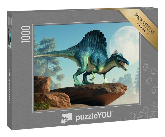Puzzle 1000 Teile „3D-Illustration: ein Spinosaurus auf einer Klippe bei Mondschein“