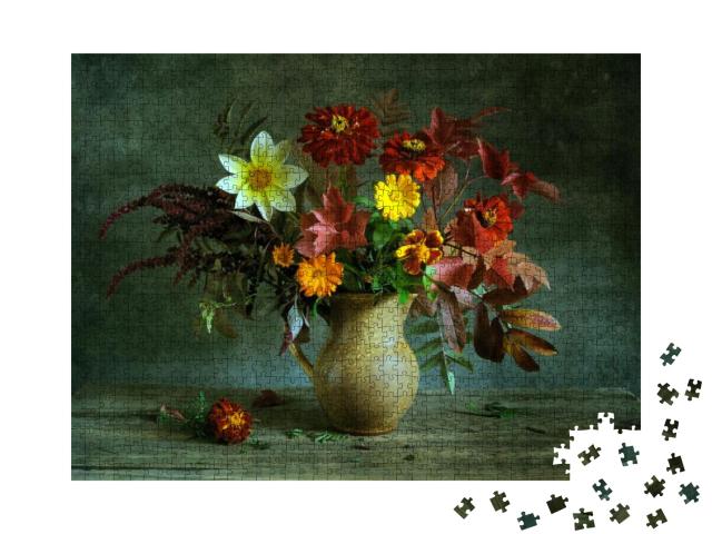 Puzzle 1000 Teile „Stillleben mit einem schönen Blumenstrauß auf einem Holztisch“