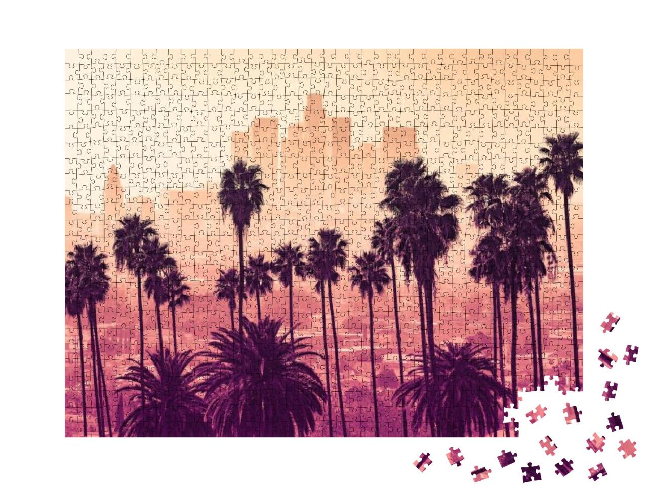 Puzzle 1000 Teile „Skyline von Los Angeles hinter Palmen“