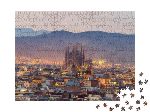 Puzzle 1000 Teile „Barcelona und Sagrada Familia in der Abenddämmerung, Spanien“