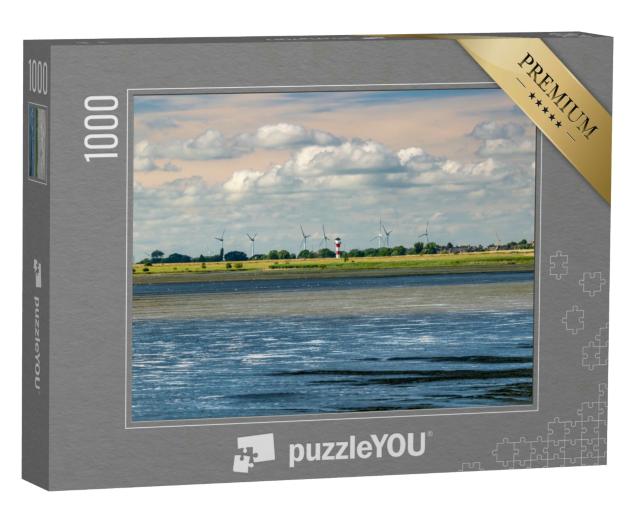 Puzzle 1000 Teile „Elbe mit Marschland, Leuchtturm und Windkraftanlagen, Glückstadt, Deutschland“