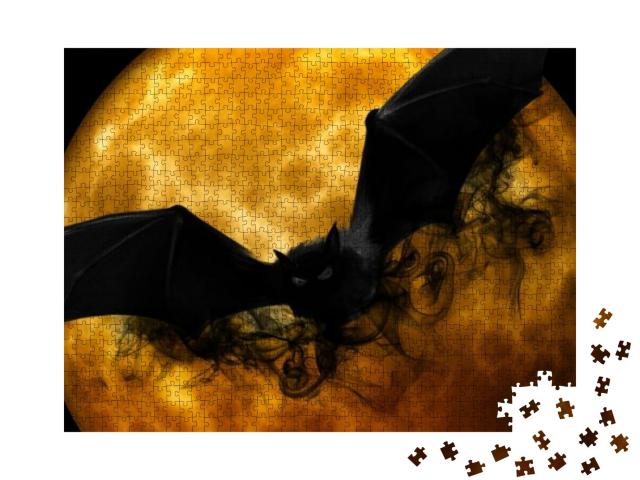 Puzzle 1000 Teile „Halloween: angsteinflößende Fledermaus vor einem orangefarbenen Mond“