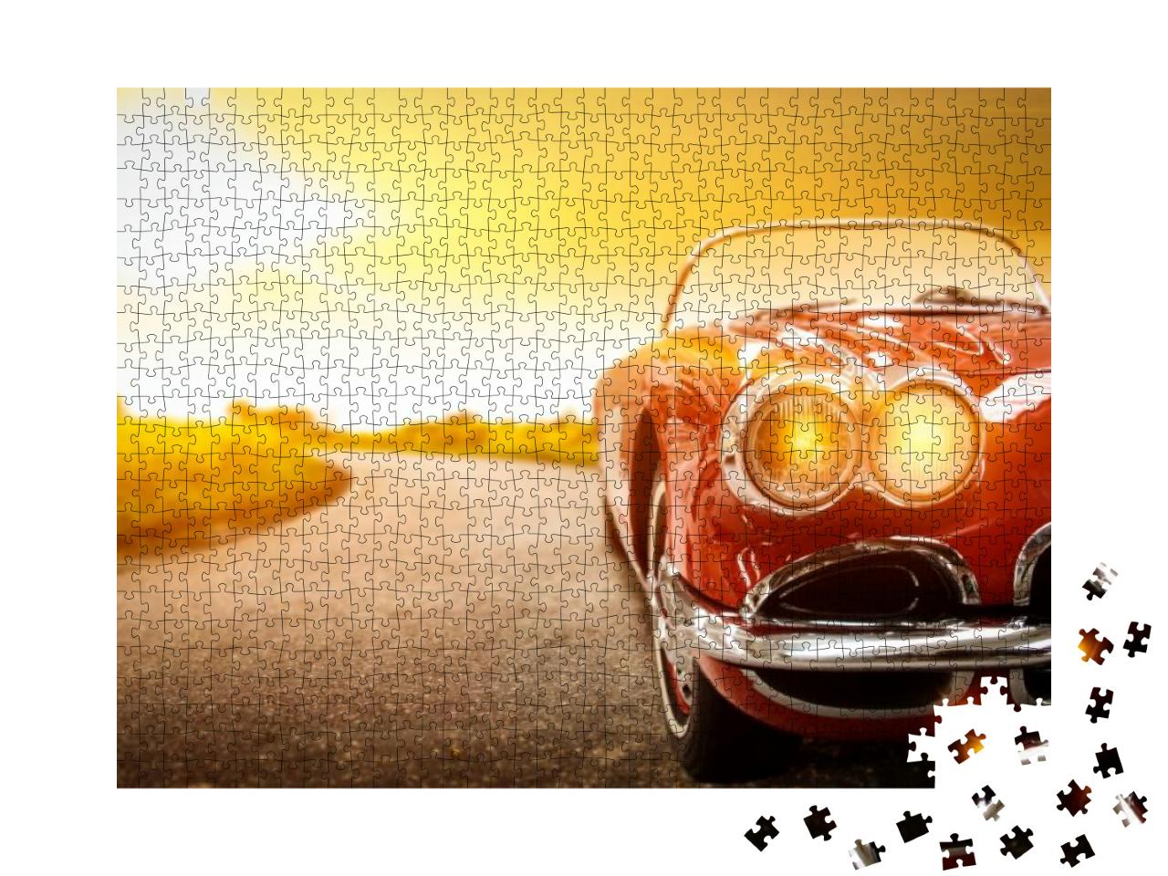 Puzzle 1000 Teile „Retro-Auto auf der Straße im goldenen Sonnenuntergang“