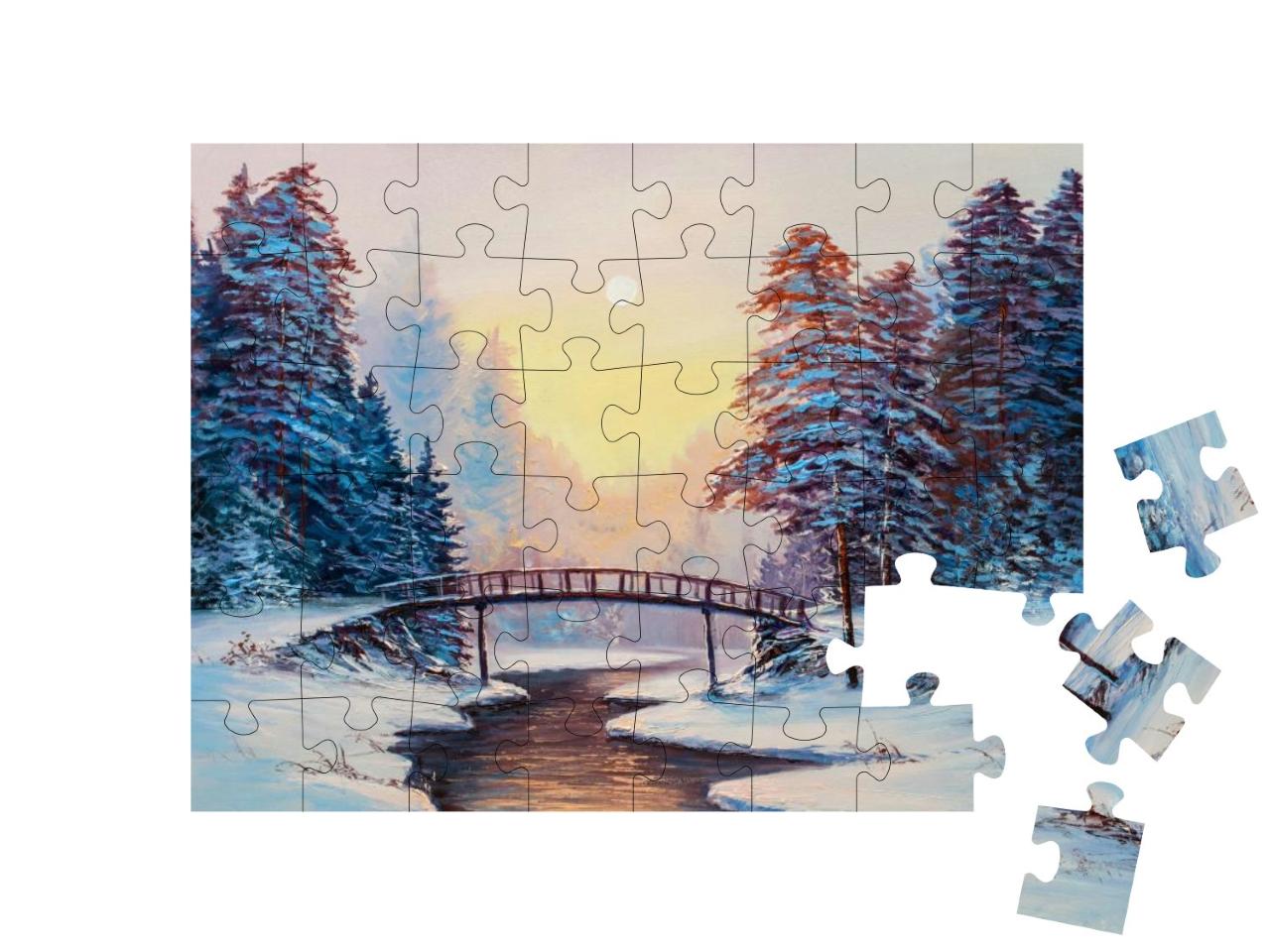 Puzzle 48 Teile „Winterlandschaft mit Fluss, Original-Ölgemälde“