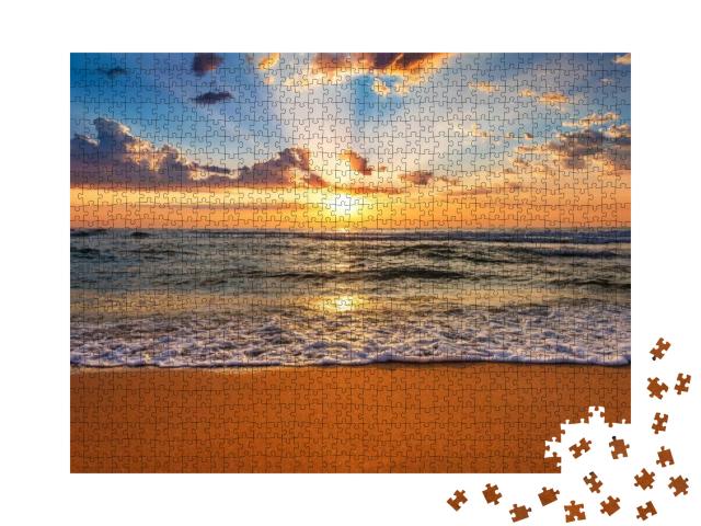 Puzzle 1000 Teile „Farbenfroher Sonnenuntergang über dem Ufer des Meeres“