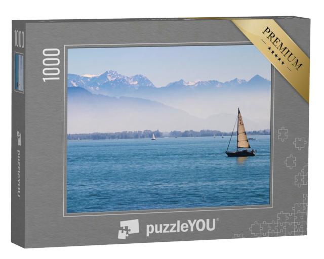 Puzzle 1000 Teile „Boote auf dem Bodensee mit den Alpen im Hintergrund“