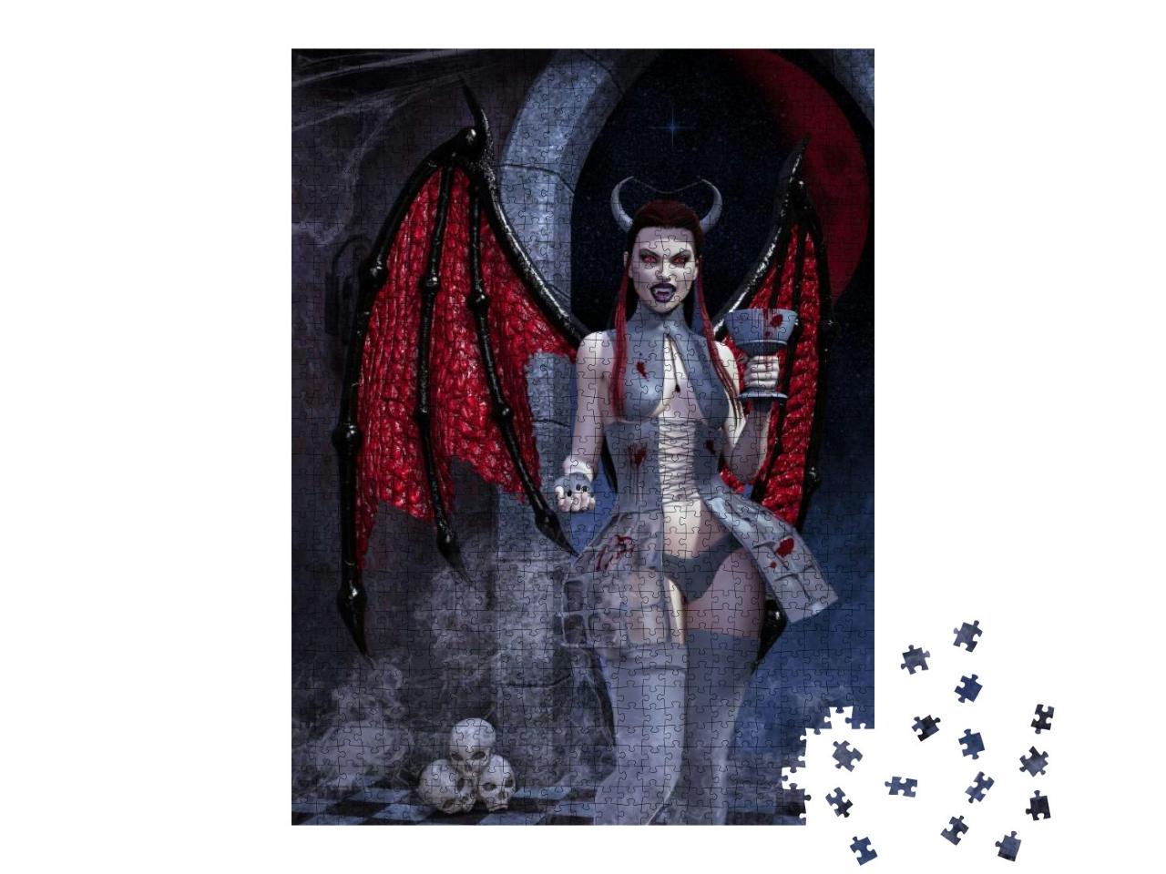 Puzzle 1000 Teile „Fantasy-Bild: weiblicher Dämon mit einem Kelch mit Blut, 3D-Illustration“