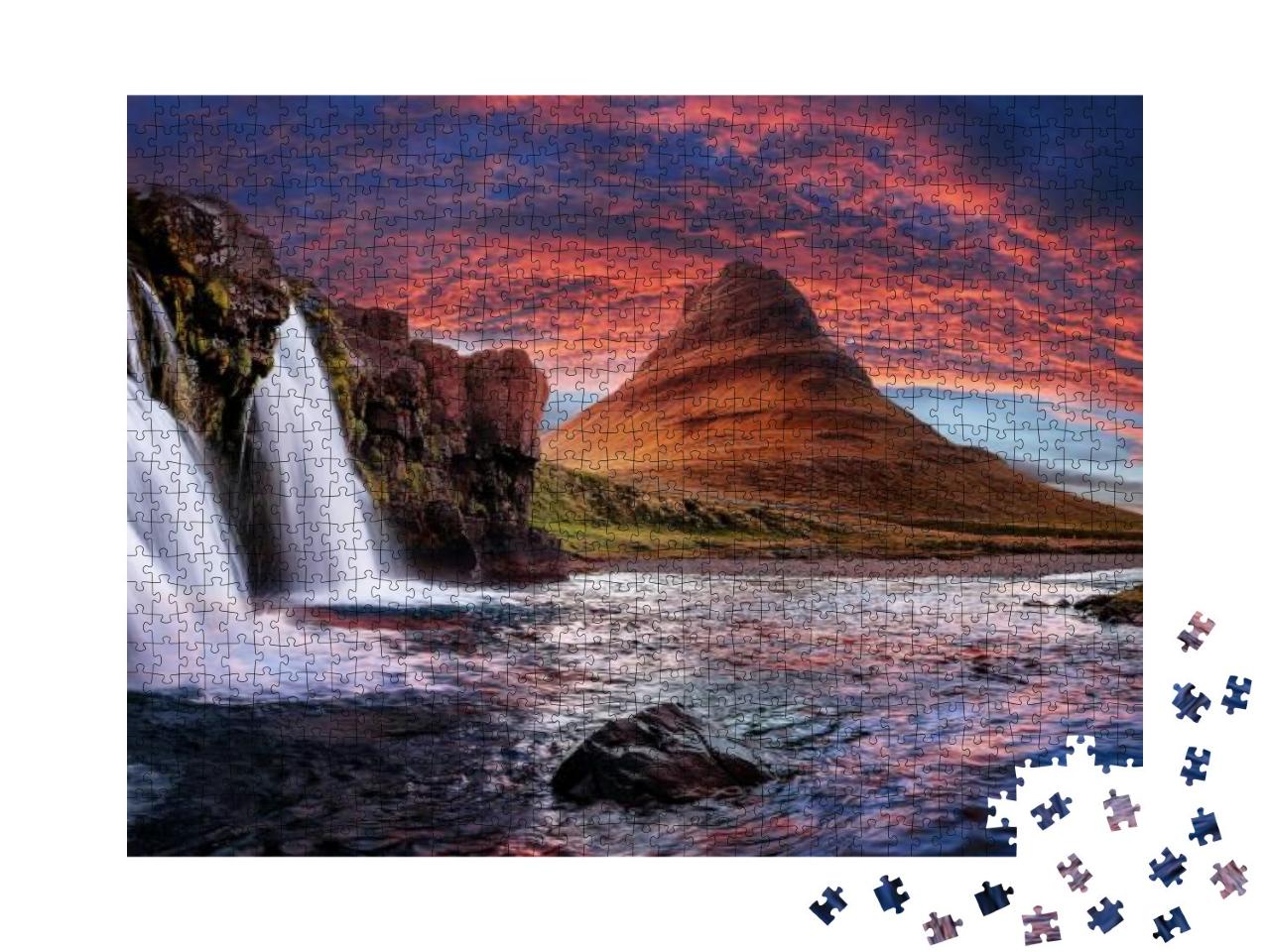 Puzzle 1000 Teile „Majestätischer Kirchenberg und Wasserfälle in Island“
