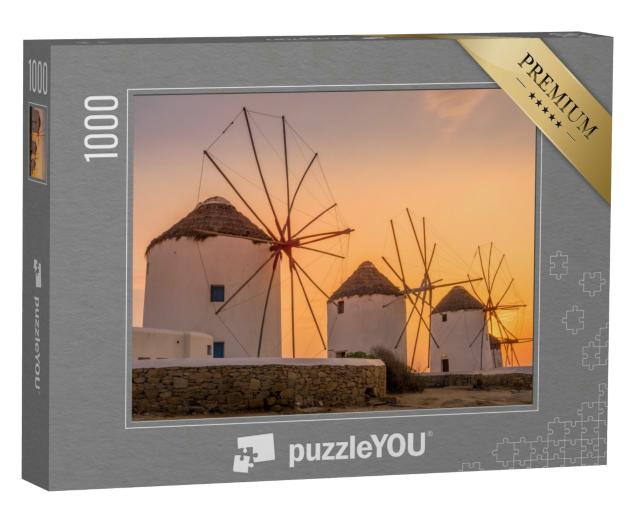 Puzzle 1000 Teile „Sonnenuntergang: Blick auf die traditionellen griechischen Windmühlen in Mykonos“