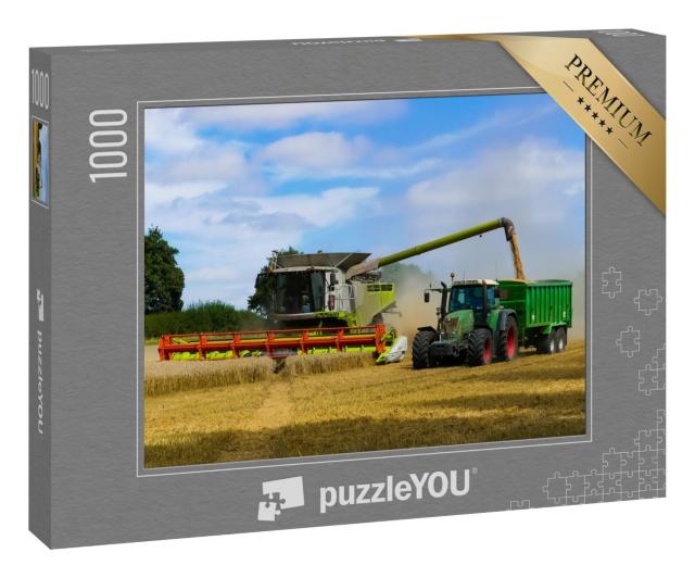 Puzzle 1000 Teile „Traktor mit Anhänger, der im Tandem neben einem Mähdrescher arbeitet, Oxfordshire“