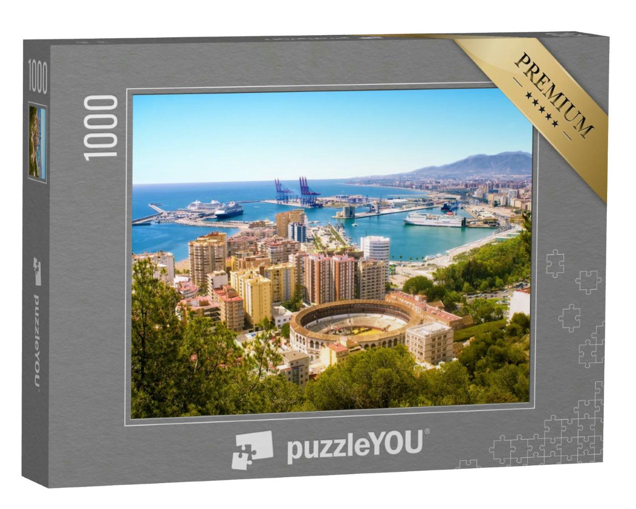 Puzzle 1000 Teile „Málaga mit Stierkampfarena und Hafen. Spanien“