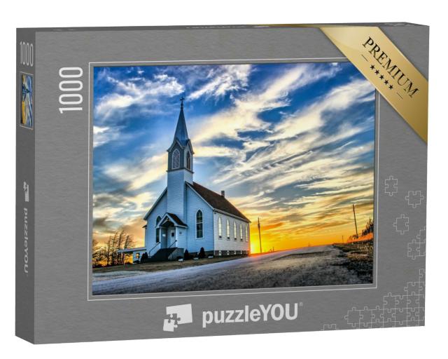 Puzzle 1000 Teile „Hölzerne Kirche in der Abenddämmerung in Kansas“