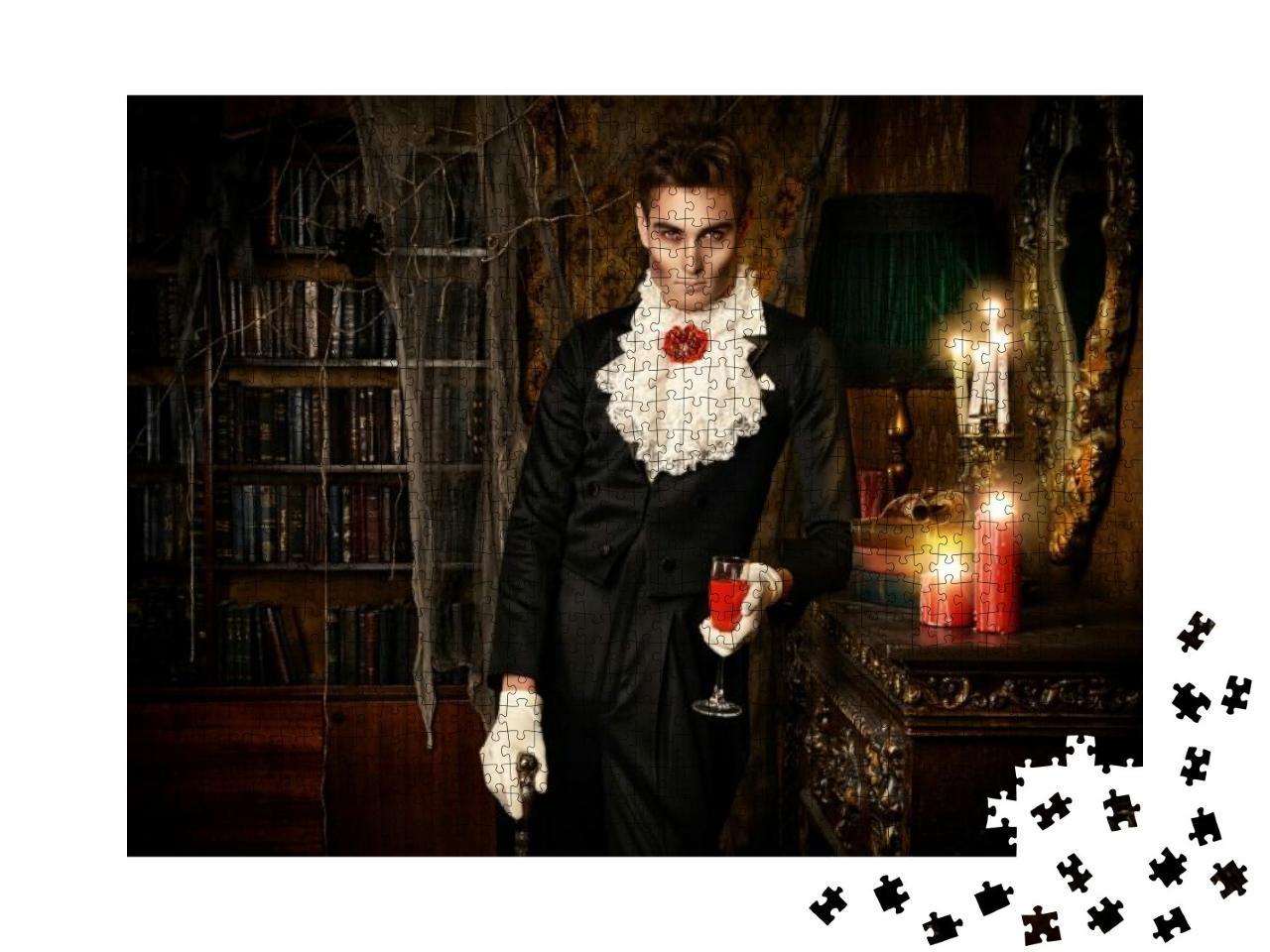 Puzzle 1000 Teile „Gutaussehender Vampir im eleganten Frack, Spinnenweben, brennende Kerzen“