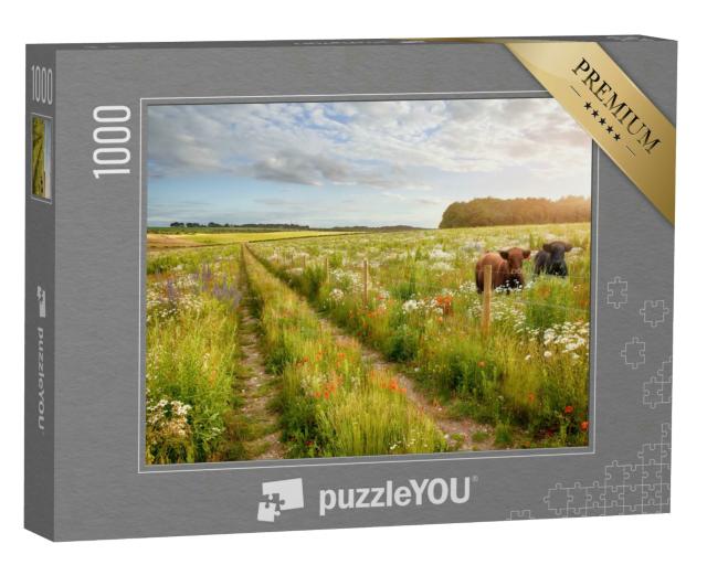 Puzzle 1000 Teile „Blumenwiese mit zwei schönen Kühen und einem Weg“
