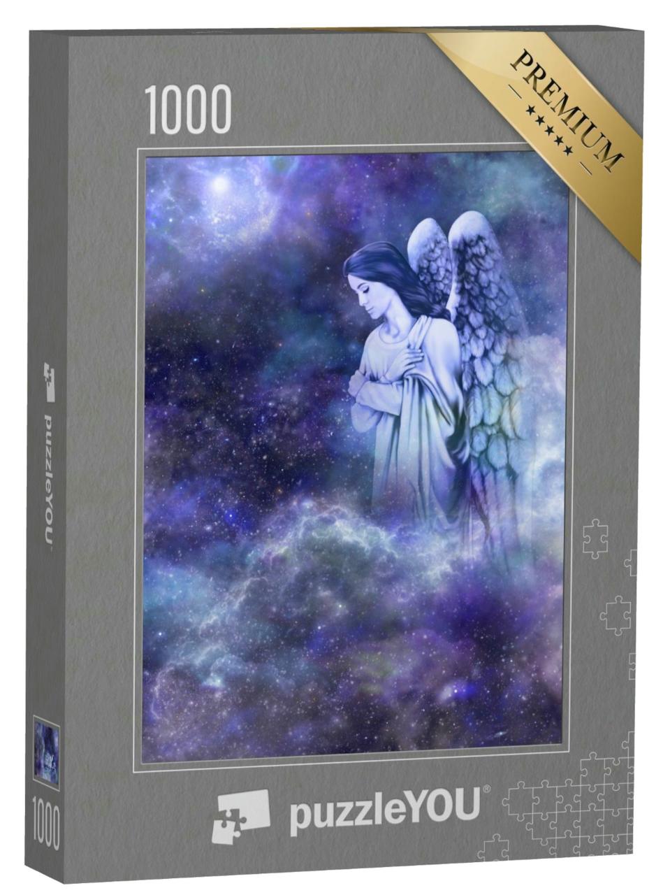 Puzzle 1000 Teile „Guardian Angel zwischen Wolken schaut mit nachdenklichen Ausdruck nach unten“