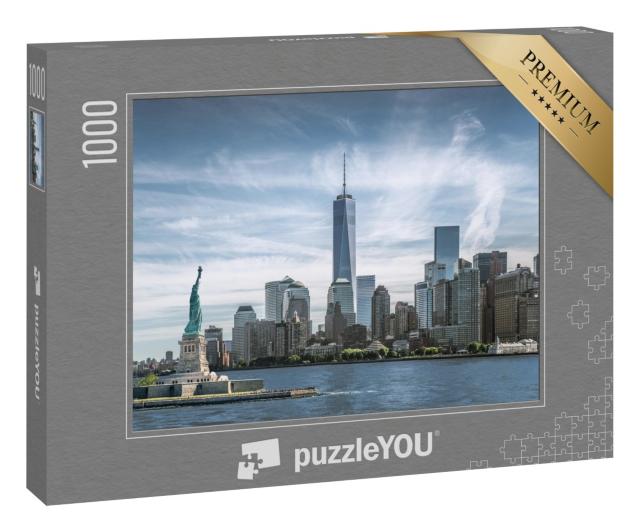 Puzzle 1000 Teile „Freiheitsstatue, Skyline von Manhatten, One World Trade Center, New York City“