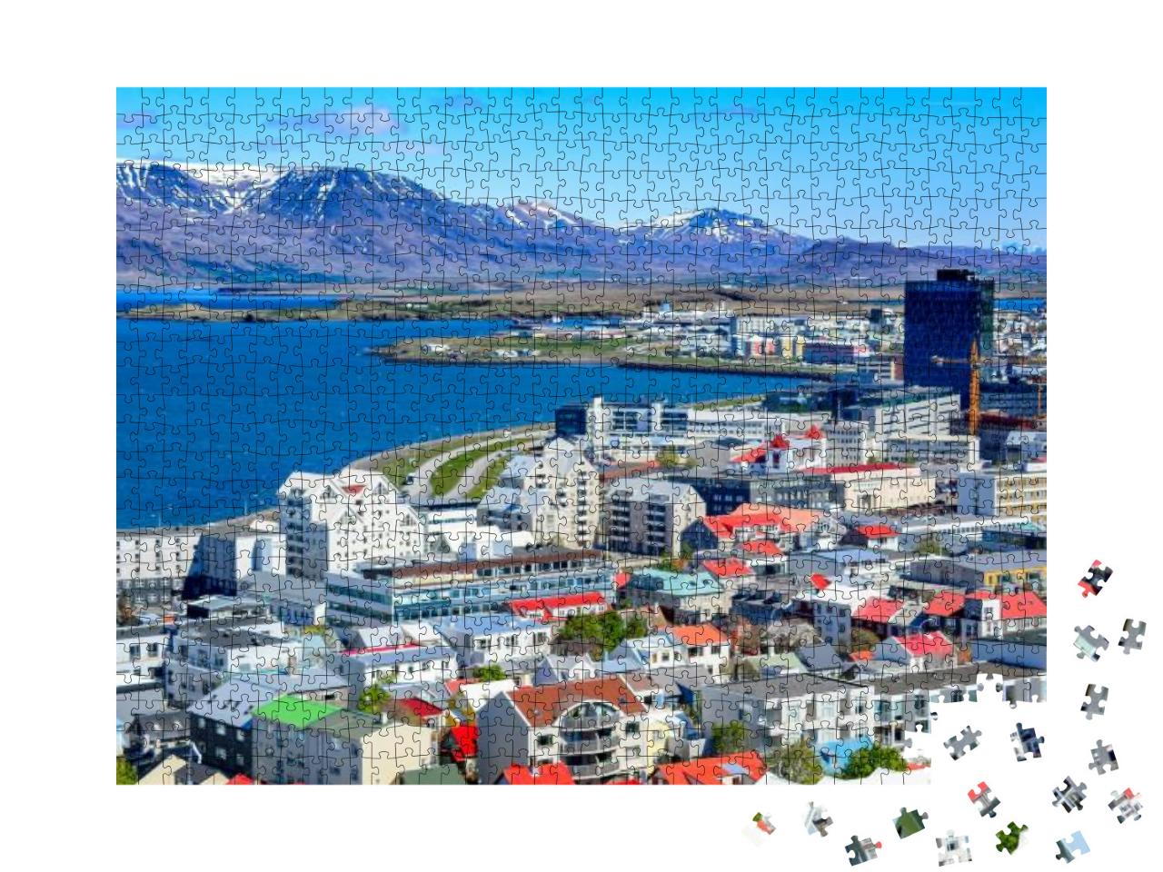 Puzzle 1000 Teile „Reykjavik, die Hauptstadt von Island, mit Blick auf den Hafen und den Berg Esja“