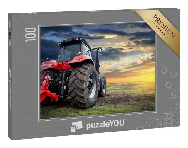 Puzzle 100 Teile „Traktor bei Sonnenuntergang, moderner Traktor in Großaufnahme“