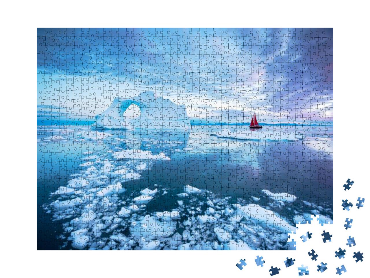 Puzzle 1000 Teile „Segelboot mit roten Segeln kreuzt neben einem durchbrochenen Eisberg“