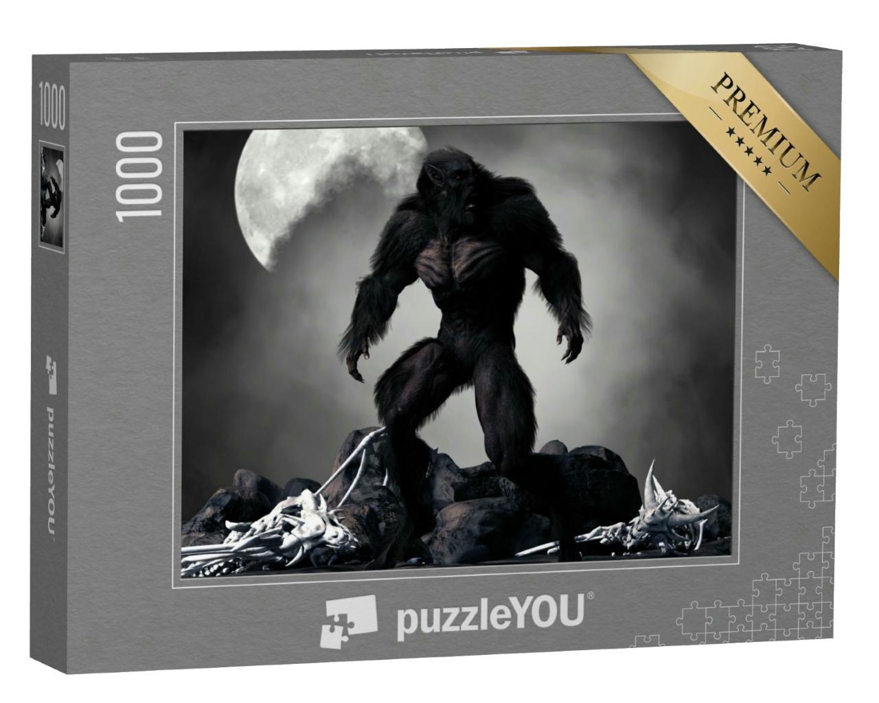 Puzzle 1000 Teile „Digitale Kunst: Düsterer Werwolf, umgeben von Skeletten“