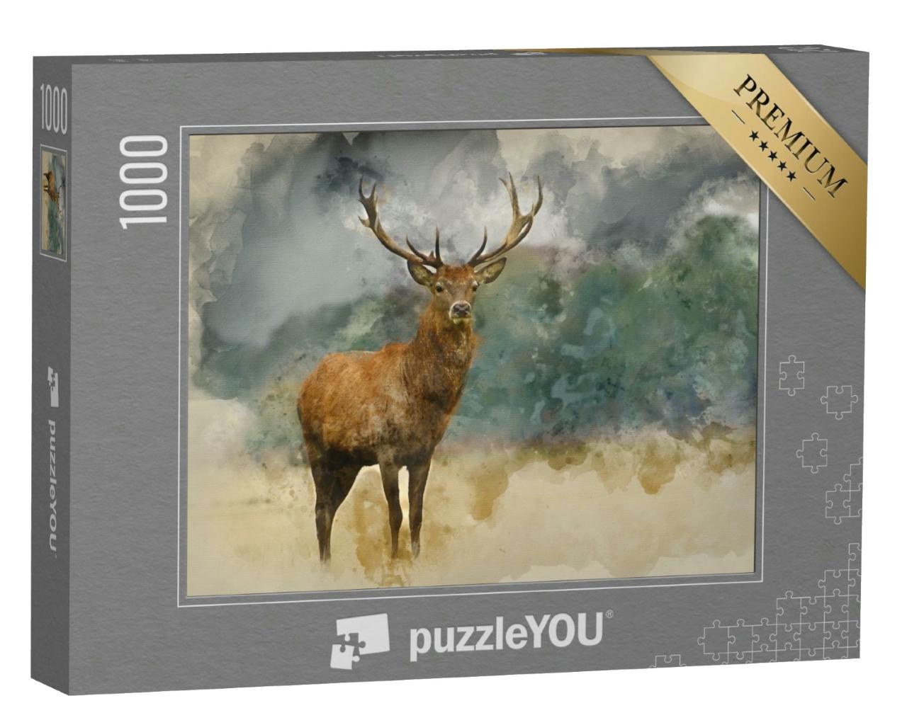 Puzzle 1000 Teile „Aquarell Malerei: Porträt eines majestätischen Rothirsches“